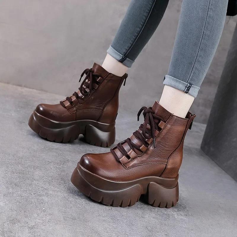 Fashion 10CM Genuine Leather Ankle Booties Women Motorcycle Boots Platform Wedge Slip On Spring Autumn Comfy Retro Lady High Heels Shoes