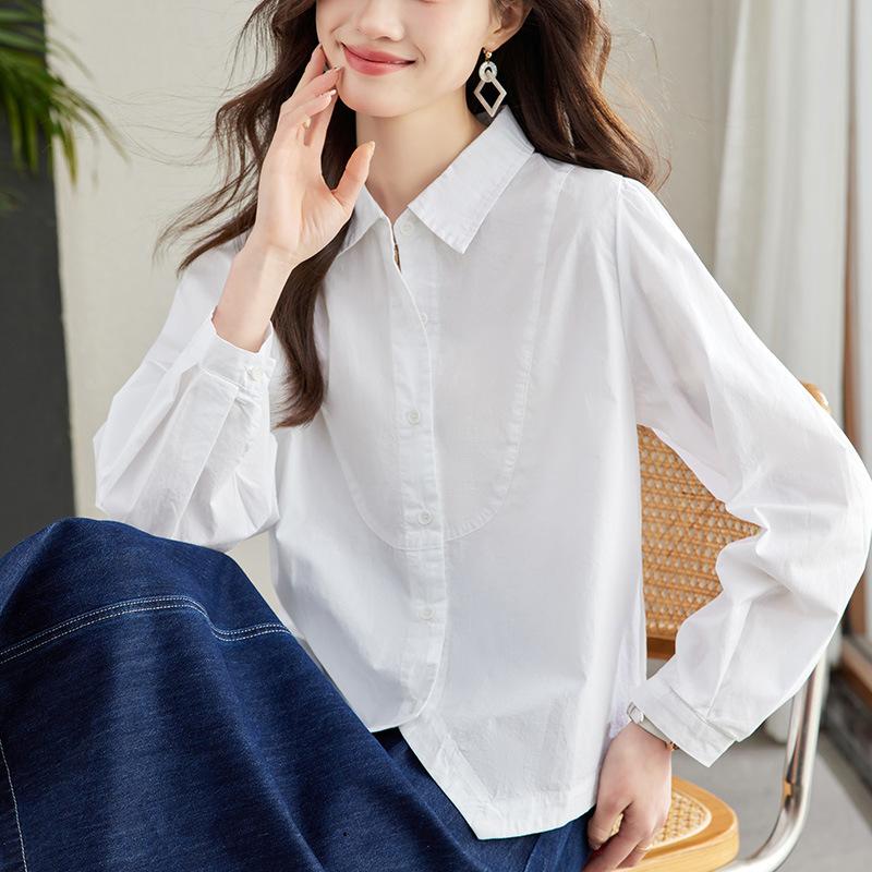 White Shirt for Women's New Spring Cotton Long-sleeved Shirt for Women Commuting Chic Hem Triangle Top