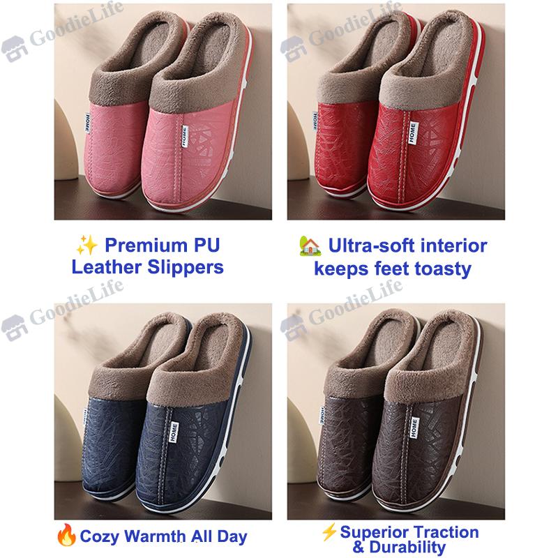 New Winter Couple Slippers  PU Leather Indoor Anti Slip Warm House Shoes
