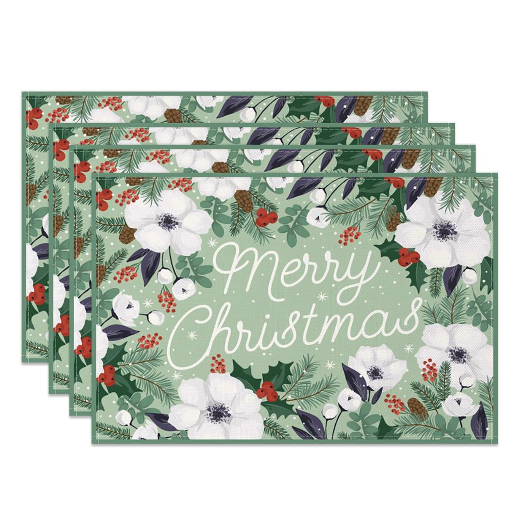 4pc/set 2025 Christmas Placemats Snowman Santa Pinecone Green Theme Holiday for Xmas Decor Linen Washable Christmas Tableware