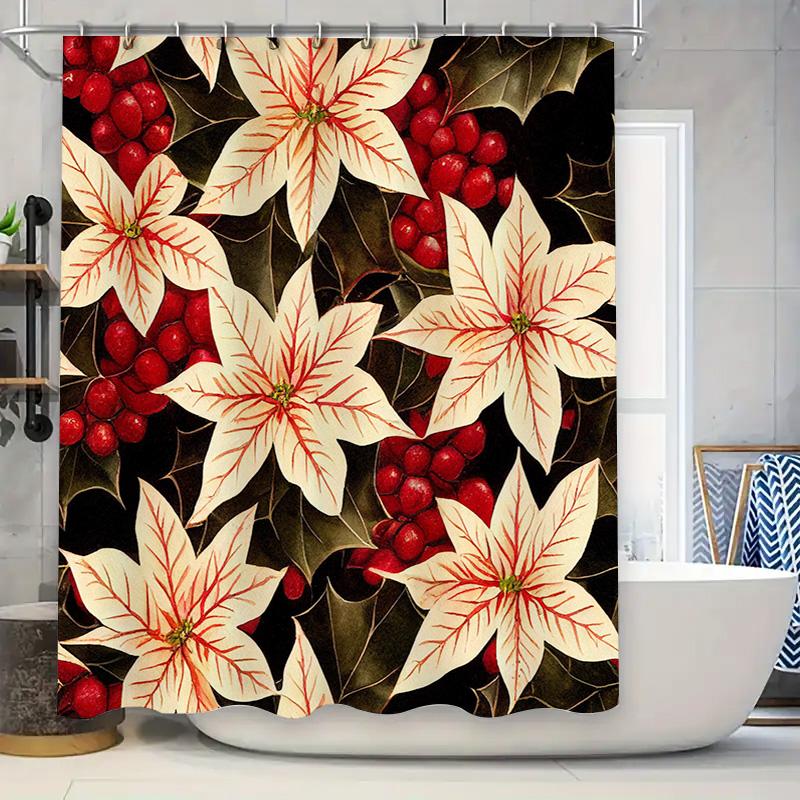 

Vintage Floral Shower Curtain Decorative Poinsettia Pattern For Bathroom Accessories Christmas Red Green White Fabric Waterproof W60H190(CM)-1 Pcs