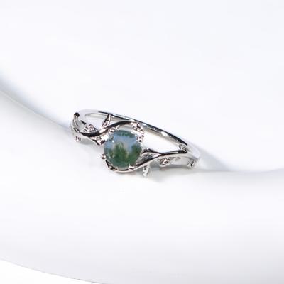 Round Moss Agate Engagement Ring Sliver Promise Moss Agate Rings