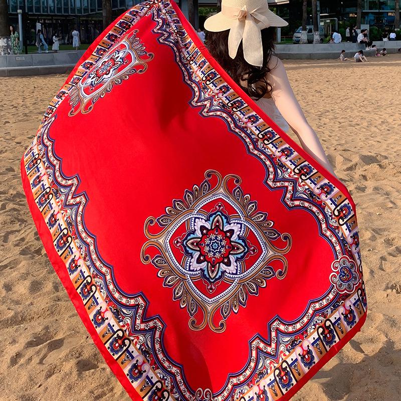 180Cmflower Printed Silk Scarf Ethnic-Style Twill Cotton Scarf Multi-Functional Travel Sun Protection Shawl Women'S Headscarf