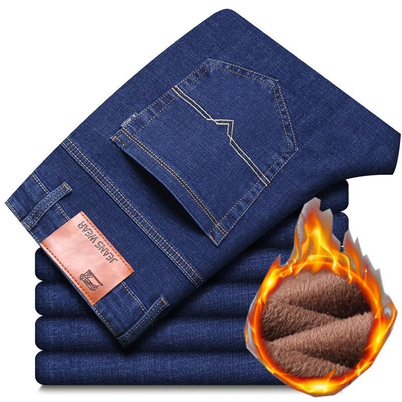 Fashion Padded Thickened Jeans Men's Autumn and Winter Models Loose Straight with Flannel Warm Men's Winter Trousers