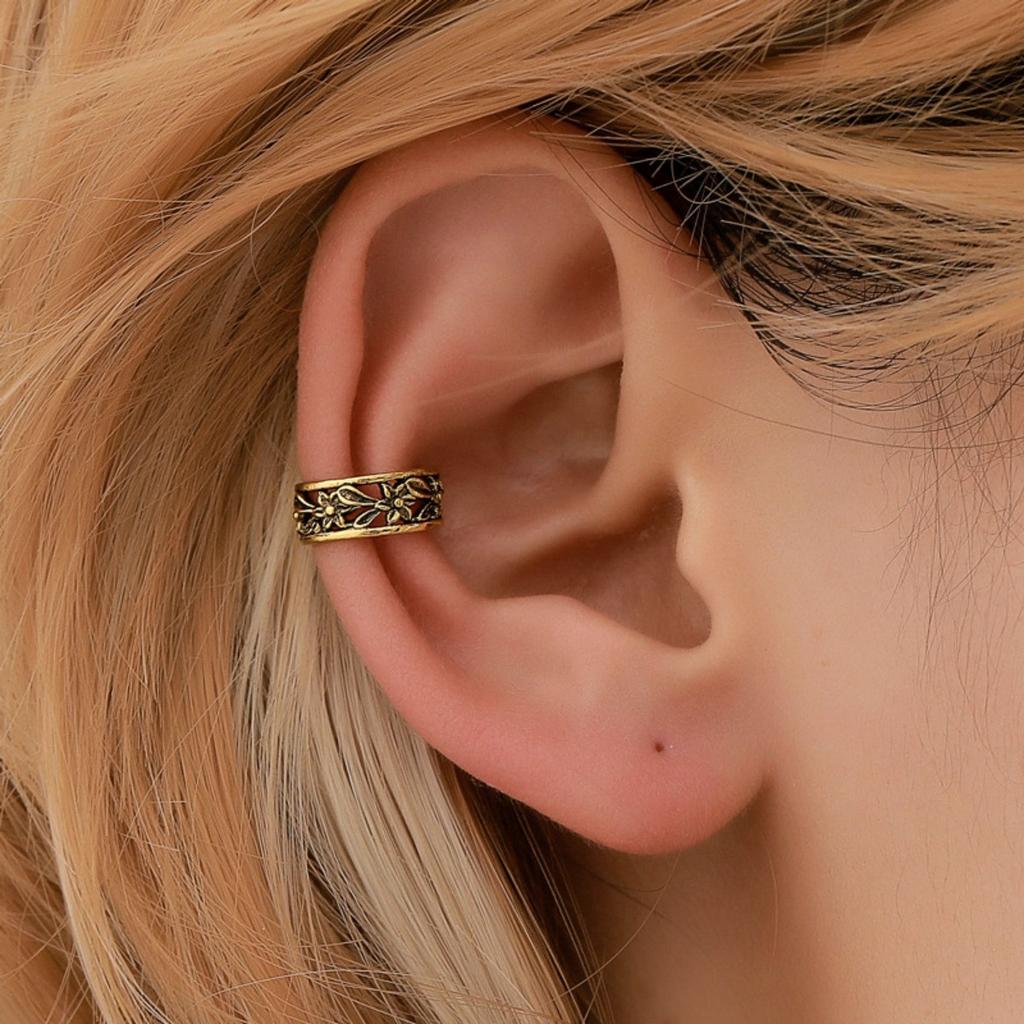 Vintage Floral Carved Open Cuff Ear Clip Retro Hollow Flower Pattern Non Pierced Ear Cuff for Women