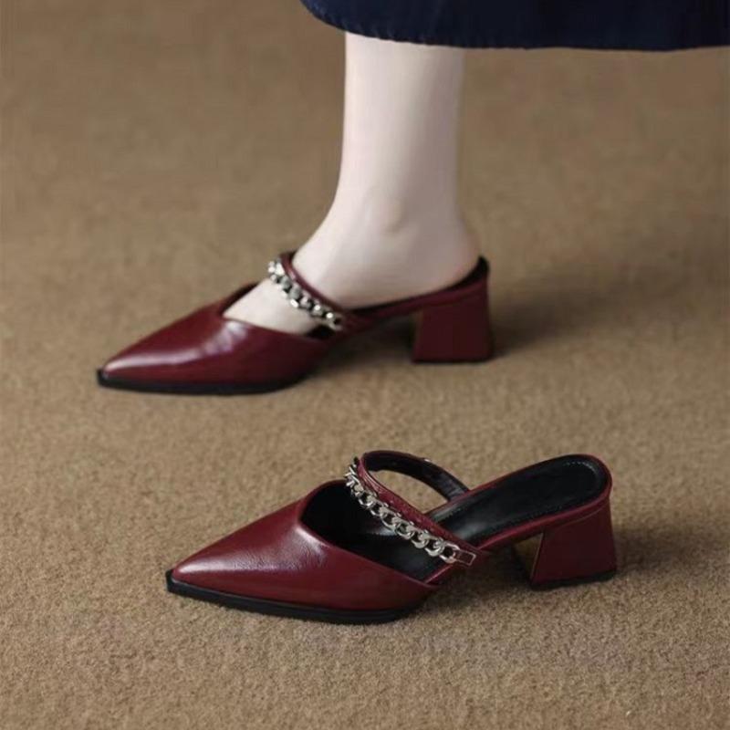 Fashion Summer New Baotou Sandals Pointed Toe Shallow Mouth Metal Chain One Slip Strap Anti-slip Outer Wear Square Heel High Heels