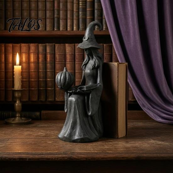 Spooky Garden Sculpture Halloween Witch Statue, Gothic Figurine with Pumpkin And Book, Matte Black Desktop Shelf Ornament Sculpture, Mantel