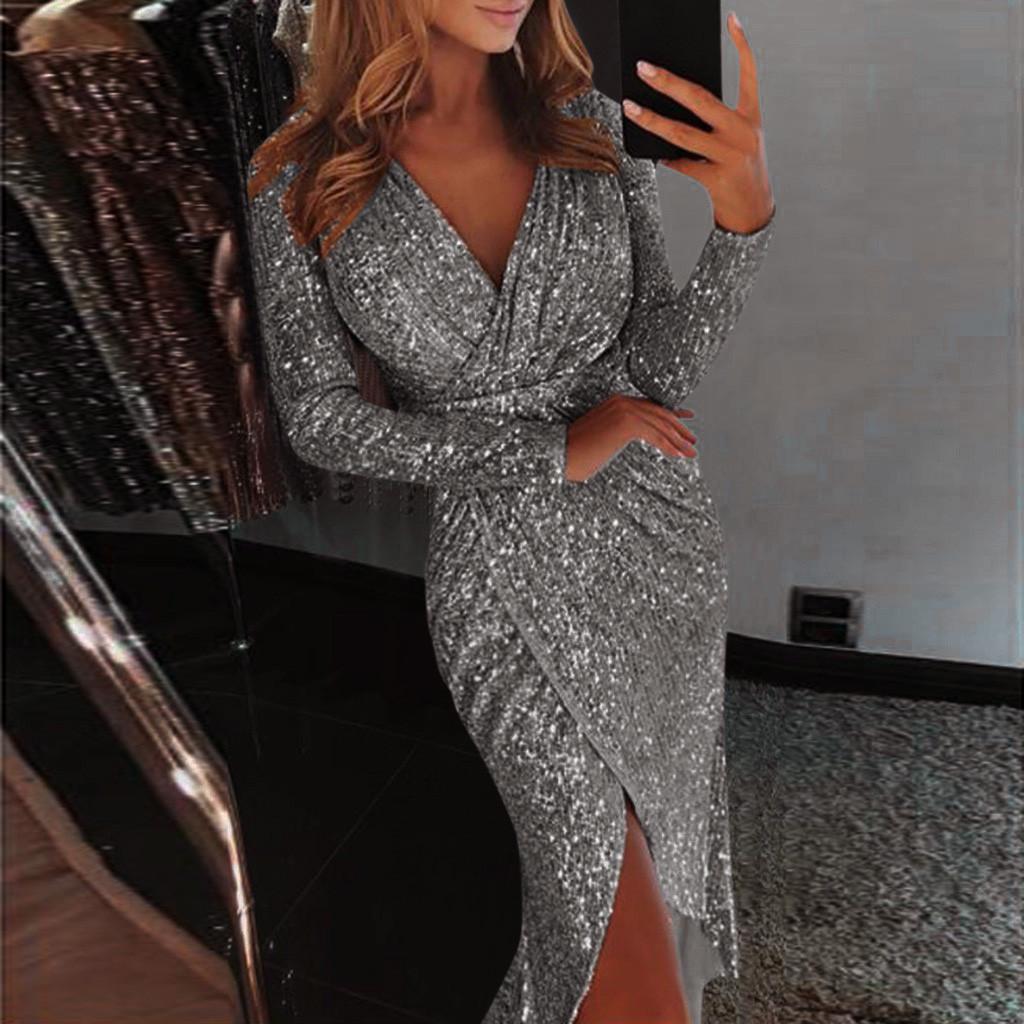 

Women Sexy Deep V Sequins Wrap Ruched Long Sleeve Formal Dress Nightclub Dress L