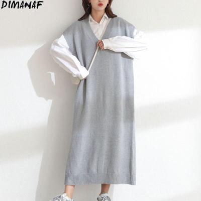DIMANAF Women Sweater Dress Winter Autumn Oversize New Knitting Sleeveless Vest V-Neck Female Basic Solid Loose Pullover