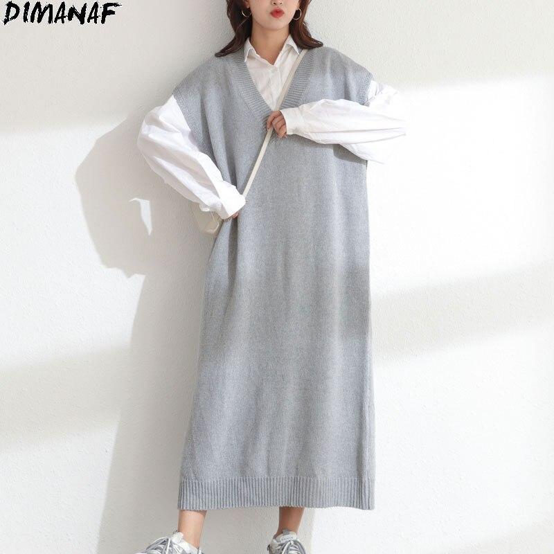 DIMANAF Dames Trui Jurk Winter Herfst Oversize Nieuw Breien Mouwloos Vest V-hals Vrouwelijk Basic Effen Losse Trui