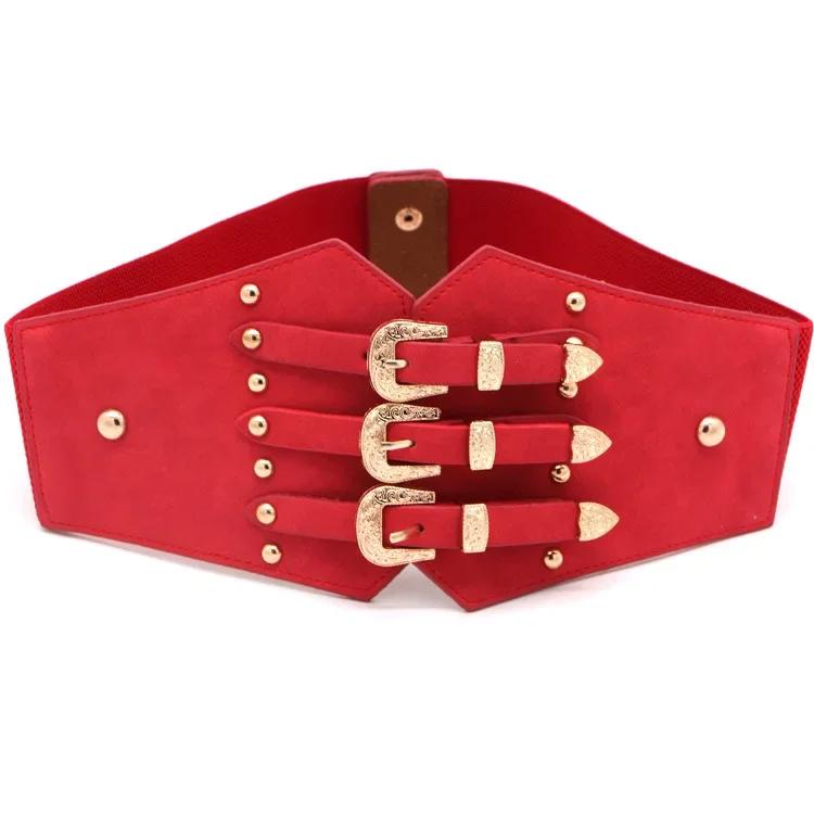 1 Pcs Fashion Women Wide Belt New Metal Buckle Elastic Waistband Leather Rivet Ultra for Stretch Thick Waist Dress