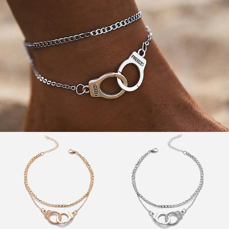 Personality Design Lover Anklet Double Layer Foot Chain Handcuffs Ankle Bracelet for Women 2023 New Trendy Couple Jewelry Gift