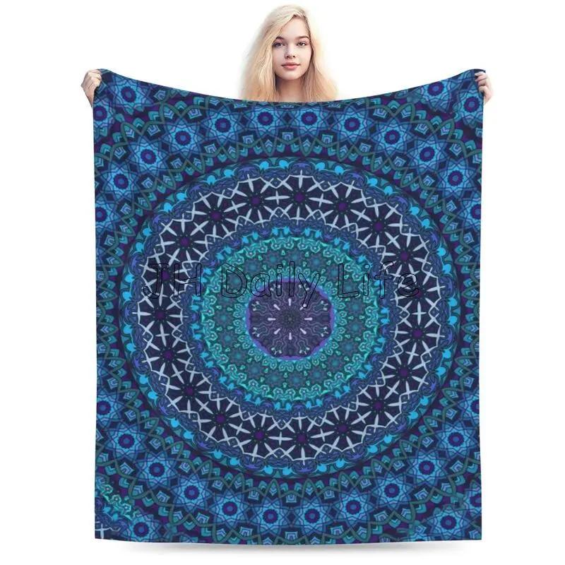 Blue Mandala Art Blanket Bohemian Flannel Fleece Blanket Soft Warm Plush Throw Blankets for Bed Couch Sofa Travel Picnic Camping