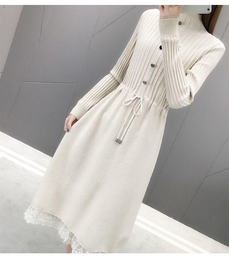 Women's Mid-Length Velvet Thick Knit Dress, Lace Loose Half-High Neck, Autumn/Winter 2025 Collection