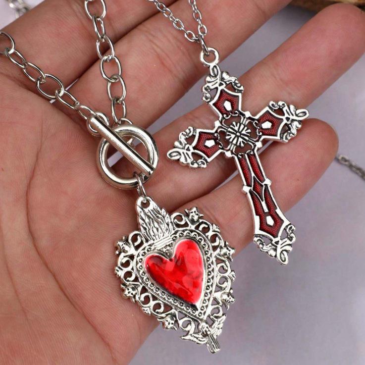 Gothic Heart Cross Pendant Necklace Set - Punk Y2K Valentine's Day Jewelry
