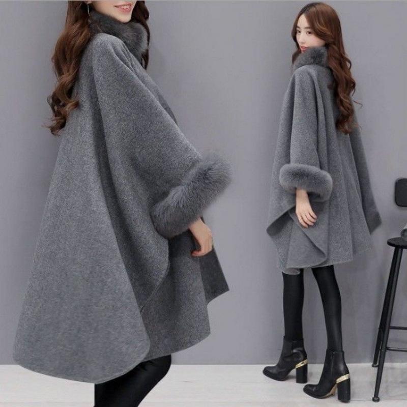 Coat Female Tide In The Fall and Winter Large Rabbit Hair Collar In The Long Tweed Coat Temperament Cape Shawl Hepburn Wind Tweed Large Size