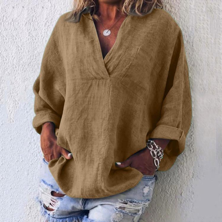 Lässiges Leinen Baumwolle V-Ausschnitt Langarm Pullover Top Damenmode