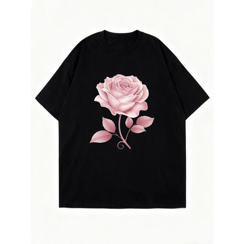 Schwarzes Oversized T-Shirt mit rosa Rosenprint für Freizeitkleidung und Alltagsstil