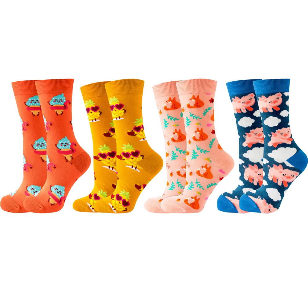 4 Pairs New Fashion Colorful Funny Happy Casual Women Socks Dress Harajuku Cute Cartoon Cat Dog Lemon Donut Girl Cotton Socks