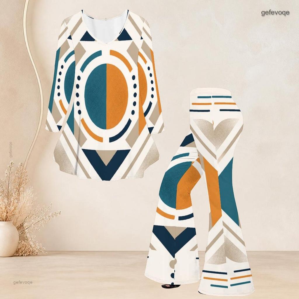 Women Plus Size V Neck Three Quarter Sleeve Printed Flared Top And Flared Pants Two Piece Set