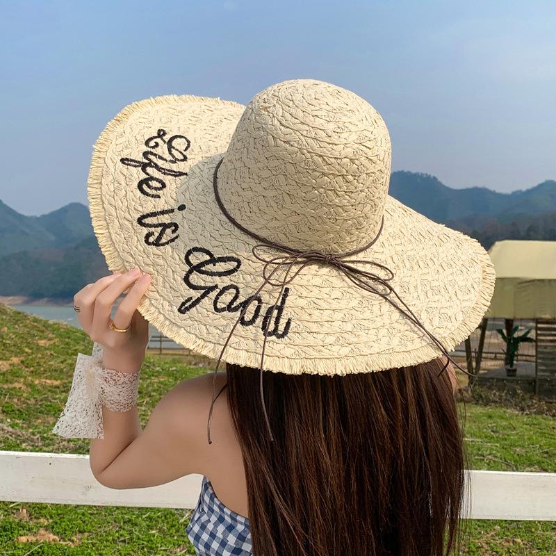 

Летняя уличная шляпа с маленькой защитой от солнца, пляжная шляпа от солнца, соломенная шляпа, вязаная вышитая надпись, соломенная шляпа с очень широкими полями, женская