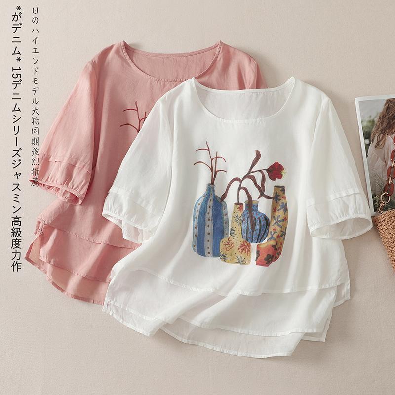 DIMANAF 2026 Summer Women Plus Size New Blouse Shirt Print Floral Vintage Short Sleeve Cotton Linen Casual Loose Lady Tops Tees