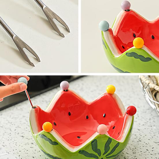 Fruit Plate And Fruit Fork Set Ceramic Watermelon Bowl with Stainless Steel Fork Multipurpose Kitchenware for Fruit Dessert Snacks