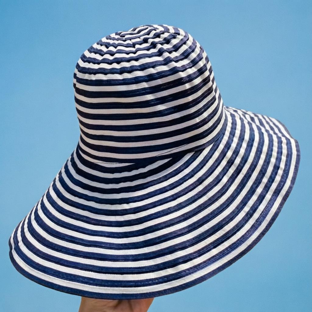 Women's Japanese-Style Striped Fisherman Bucket Hat - Foldable, Long Sun Protection for Large Head Circumference