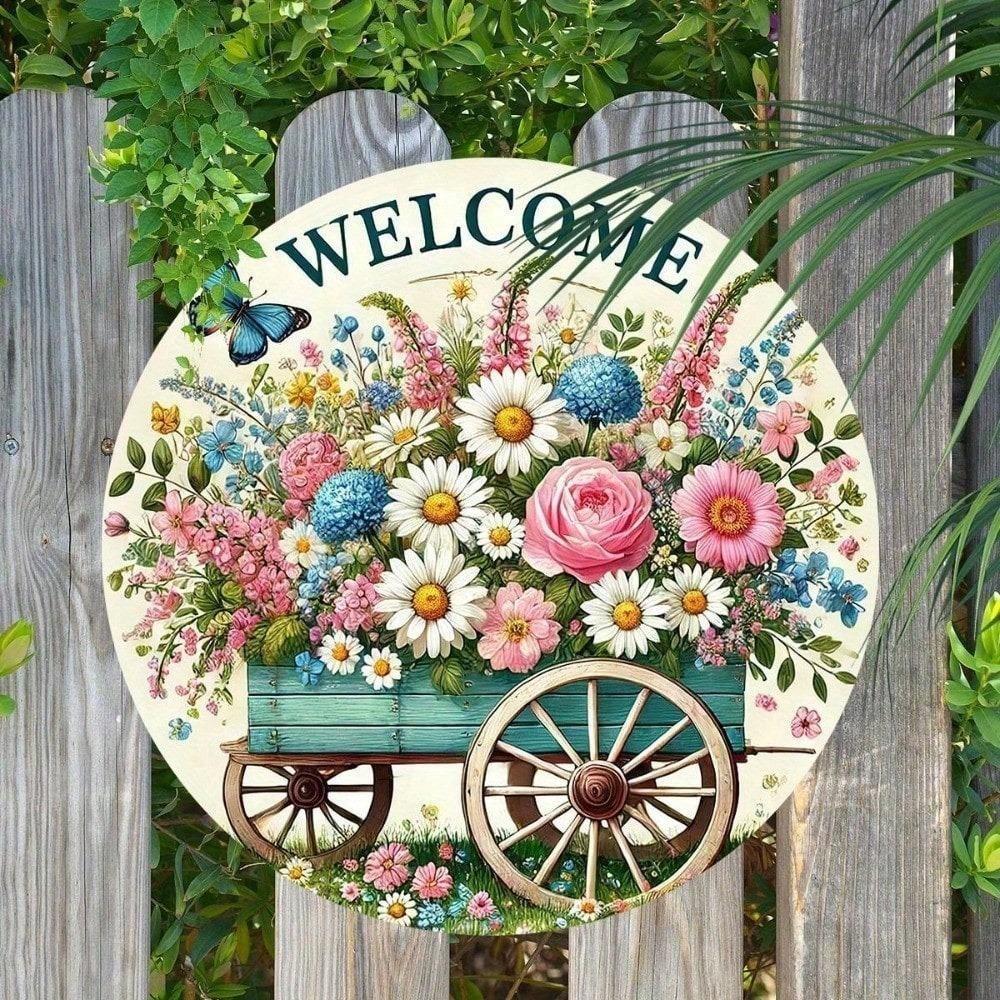 VAGAAR 8 inch Round Vintage Metal Welcome Sign, Rustic Tin Plaque Weatherproof for Home Bar Garage Wall Decor
