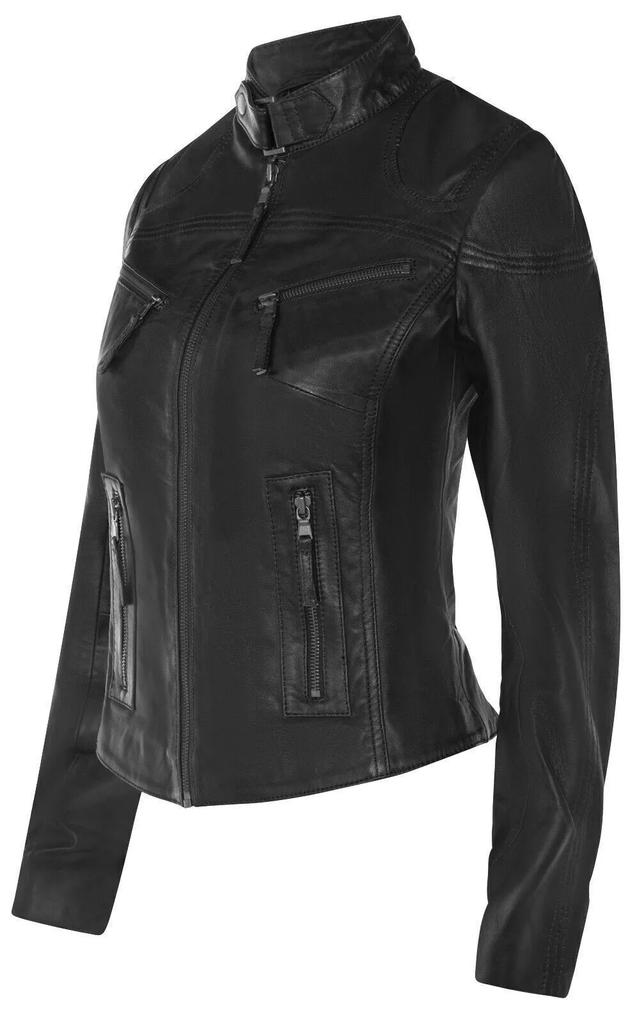 Women's Stylish Black Genuine Lambskin Leather Jacket Handmade Long Sleeve Biker
