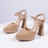 2025 summer pointed thick heel waterproof table high heels women's one-word buckle strap small man heightening bag head sandals