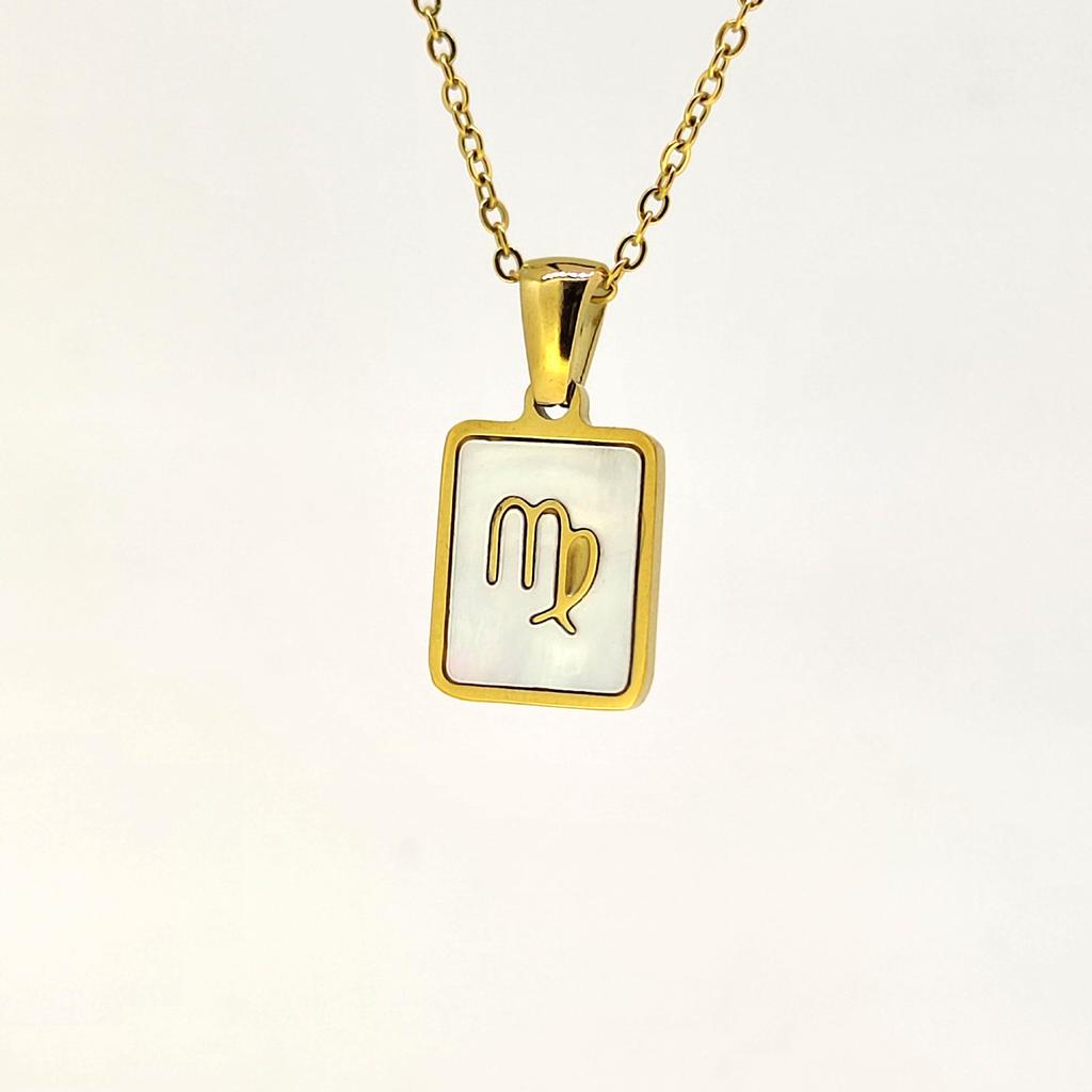 1pc Shell Zodiac Sign Necklace, Stainless Steel Square Pendant With White Shell, Perfect For Women