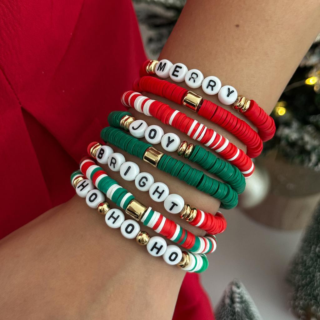 Christmas Contrasting Soft Pottery Letter Elastic Bracelet, Creative Festive Colored Beaded Hand Jewelry