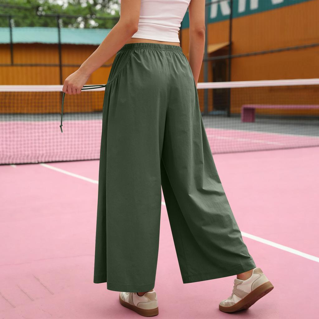 Women's Loose Wide-leg Sweatpants, With Drawstring Pockets, Elastic Waistband, Three-quarter Length, Hiking Pants