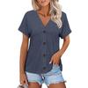 Women Fashion Short Sleeve V Neck Solid Button Down Casual T Shirt