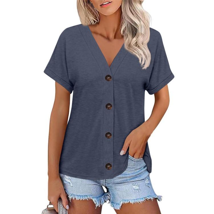 Women Fashion Short Sleeve V Neck Solid Button Down Casual T Shirt