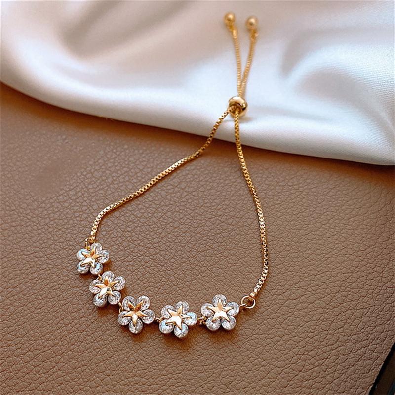 Elegant Inlaid Rhinestone Korean Bracelets Gold Colour Flower Charm Bracelet For Women Fashion Jewelry Accessories Party