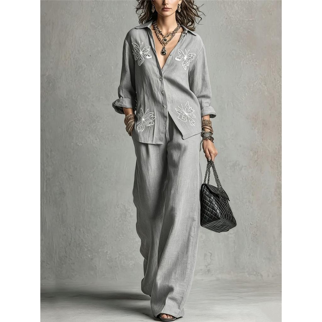 Women 2 Piece Outfit Butterfly Embroidery Lapel Shirt Wide Leg Pants Casual Loose Two‑Piece Set