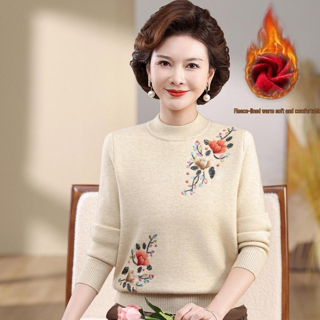Mom's Velvet One-Piece Sweater for Women - Warm Embroidered Top for Middle-Aged & Elderly Women, Plus Velvet & Thickened for Autumn/Winter.