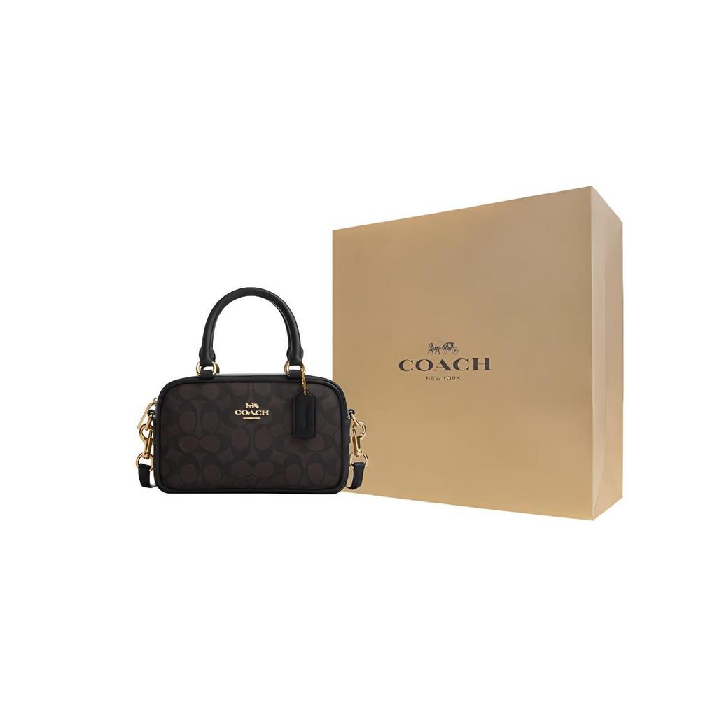 Coach Satchel 18 Brand Logo Zipper Closure Coated Canvas Shoulder Crossbody Handbag Small Women Handbags Dark-Brown CW197-IMXAQ