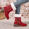 Women's Red Christmas Embroidered Snow Boots Furry Lined Platform Round Toe Chunky Heel Ankle Booties Winter Suede Warm Shoes