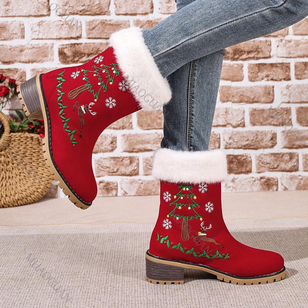 Women's Red Christmas Embroidered Snow Boots Furry Lined Platform Round Toe Chunky Heel Ankle Booties Winter Suede Warm Shoes