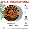 2D Flat, 1pc Round Aluminum Hanging Sign, Rustic Goddess Lakshmi Elephant Gold Coin Pink Lotus Candle Warm Bulb Welcome Print, Diwali Hindu
