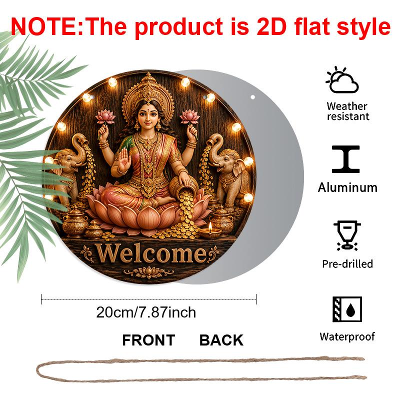 2D Flat, 1pc Round Aluminum Hanging Sign, Rustic Goddess Lakshmi Elephant Gold Coin Pink Lotus Candle Warm Bulb Welcome Print, Diwali Hindu