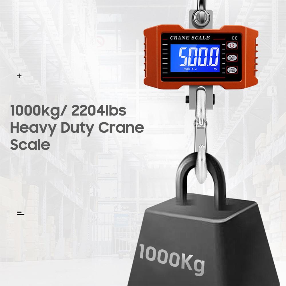 Digital Hanging Scale with Remote Control 1000kg/ 2204lbs Portable Hvy Duty Crane Scale LCD Backlight Industrial Hook Scales Unit Change/ Data Hold/ T