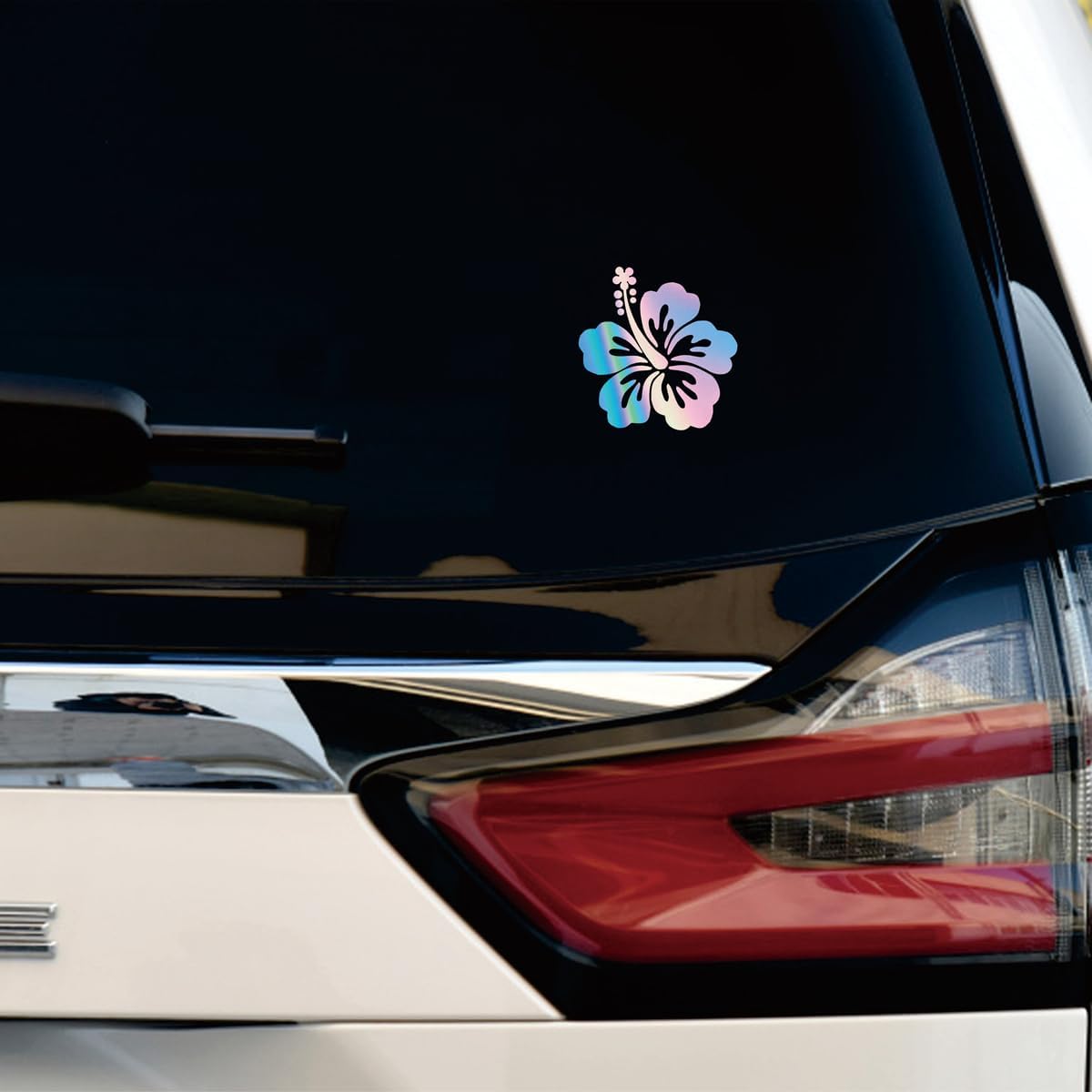 Hibiscus Flower Hawaii Hawaiian Vinyl Decal Sticker - 2 Pack Holographic, 4 Inches - No Background Die Cut for Car Boat Laptop 06012