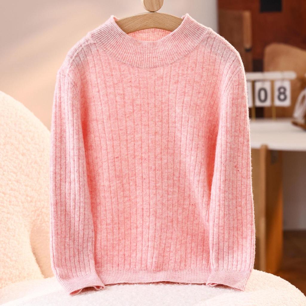 2025 A/W Kids' Ribbed Semi-High Neck Sweater - Warm Knitted Base for Boys & Girls