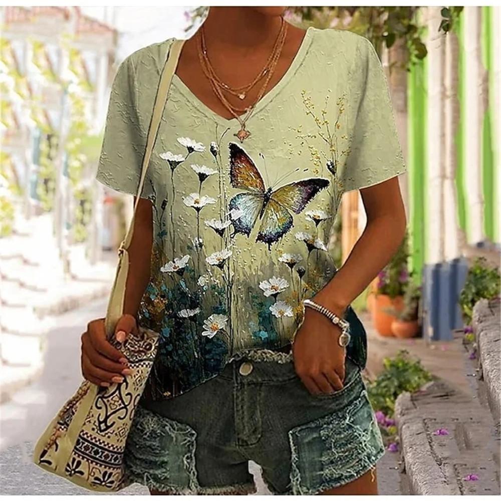 Abstract Oil Painting Floral 3D Print Summer Letter Fashion Women T-shirt Short Sleeve Everyday Tops T-shirt Harajuku Vintage