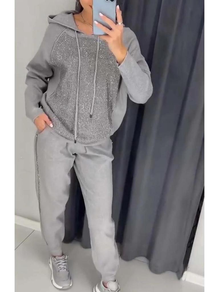 Trendiges Damen-Strass-Kapuzensweatshirt und Jogger-Set für Frühling und Herbst 2024.