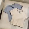 1-12Y Girl's Shirts Korean-style Knitted Lace-Trimmed Short-Sleeve Summer Ruched Tops Trendy Breathable Bow Tie Versatile Tee